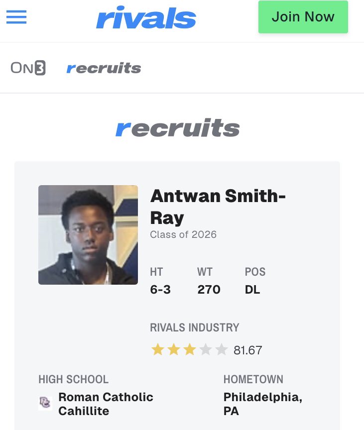 Antwan Smithray Jr (@antwansmithray) on Twitter photo Thank to <a href="/Rivals/">Rivals</a> for making a a 3Star.
<a href="/Rivals_HS/">Rivals High School</a> <a href="/RivalsFriedman/">Adam Friedman</a> <a href="/On3sports/">On3</a> <a href="/On3Richie/">Richie O’Leary</a> <a href="/247Sports/">247Sports</a> <a href="/_RomanFootball/">ROMAN CATHOLIC FOOTBALL</a> <a href="/RomanCatholicHC/">Coach Prete</a> Thank to <a href="/Rivals/">Rivals</a> for making a a 3Star.
<a href="/Rivals_HS/">Rivals High School</a> <a href="/RivalsFriedman/">Adam Friedman</a> <a href="/On3sports/">On3</a> <a href="/On3Richie/">Richie O’Leary</a> <a href="/247Sports/">247Sports</a> <a href="/_RomanFootball/">ROMAN CATHOLIC FOOTBALL</a> <a href="/RomanCatholicHC/">Coach Prete</a>