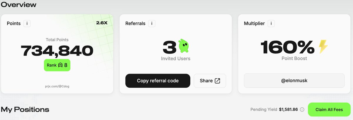 PRJX interface showing claim all fees button and points overview