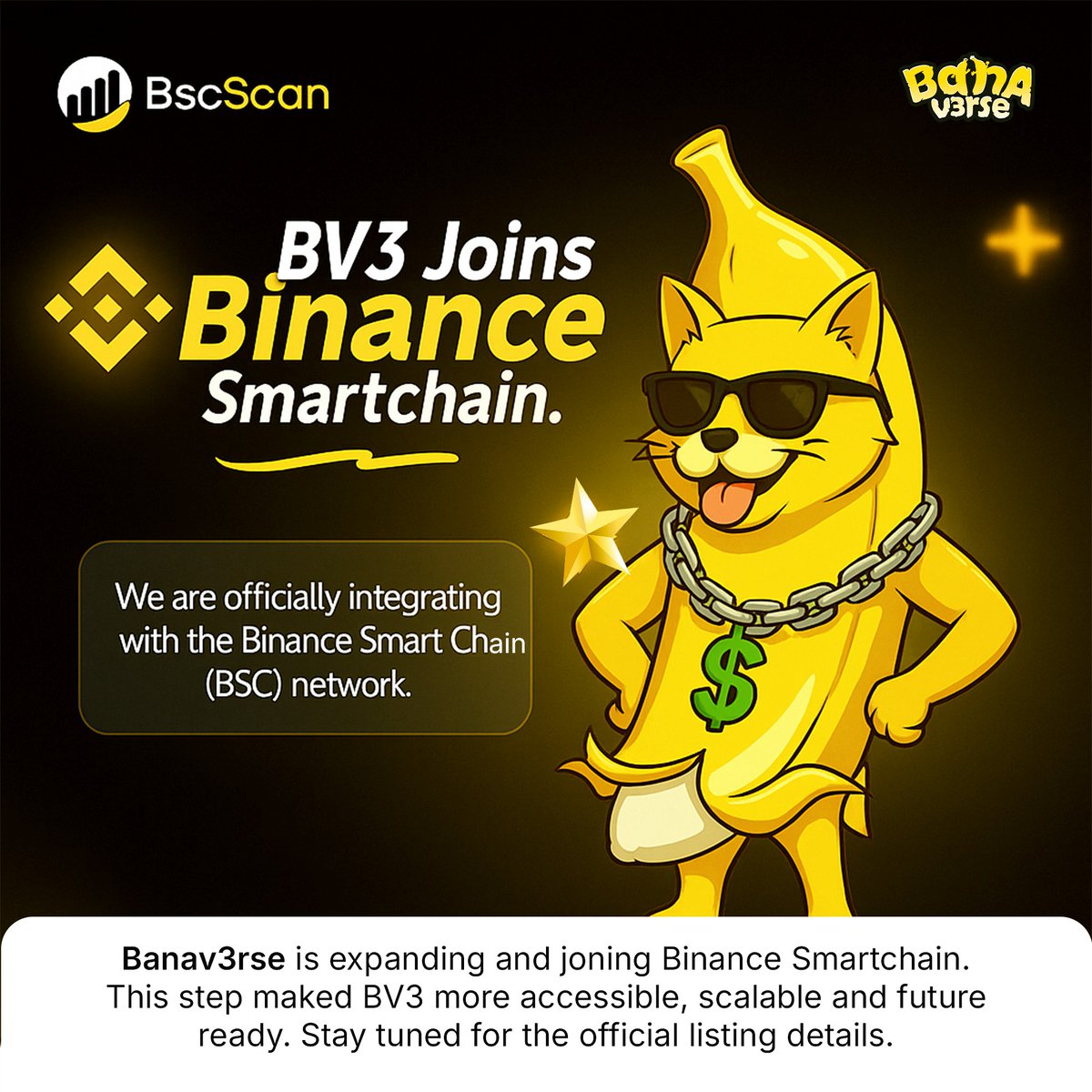 Banav3rse_'s tweet photo. 🚀 Big news, Banav3rse fam!
BV3 is officially joining Binance Smart Chain (BSC).

This step makes BV3 faster, more accessible, and future-ready — built for growth and our community. 🌍✨
Stay tuned for the official listing updates!

#Banav3rse #BV3 #BSC https://t.co/aaU9p05ofp