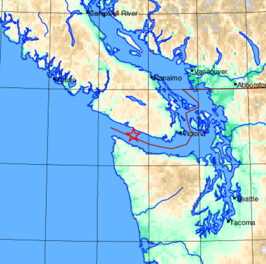 EmergencyInfoBC's tweet photo. An M4.1 earthquake has occurred 18 km southeast of Port Renfrew, #BC. No damage or injury is expected. More info: https://t.co/ydcbea3FrS #BCEarthquake https://t.co/LgCiA5flNS