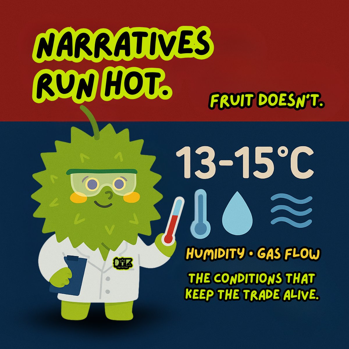 Narratives run hot.
Fruit doesn’t.~13–15°C. 

Controlled humidity.
Balanced O₂ / CO₂ flow slows the ripening.

That’s the real loop.
DTK — freight over fiction.