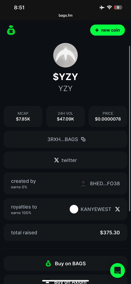 I just put last $200 into $YZY on <a href="/BagsApp/">BAGS</a>. Whoever created this was brilliant. <a href="/kanyewest/">ye</a> has 33m followers. Whom will receive 100% royalties. He obviously doesn’t need the money but boy it would be fricken awesome if he interacted with the coin. Also I saw a 4 month $yzy coin