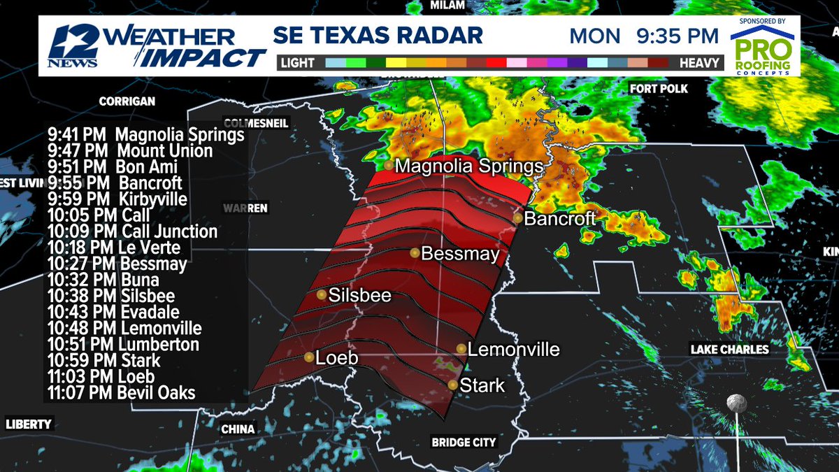 Storms over Jasper and Newton Counties are quickly moving south to southwest in excess of 30 mph.  IF they hold together, then they could reach Lumberton around 10:50 pm.  12NewsNow.com/radar