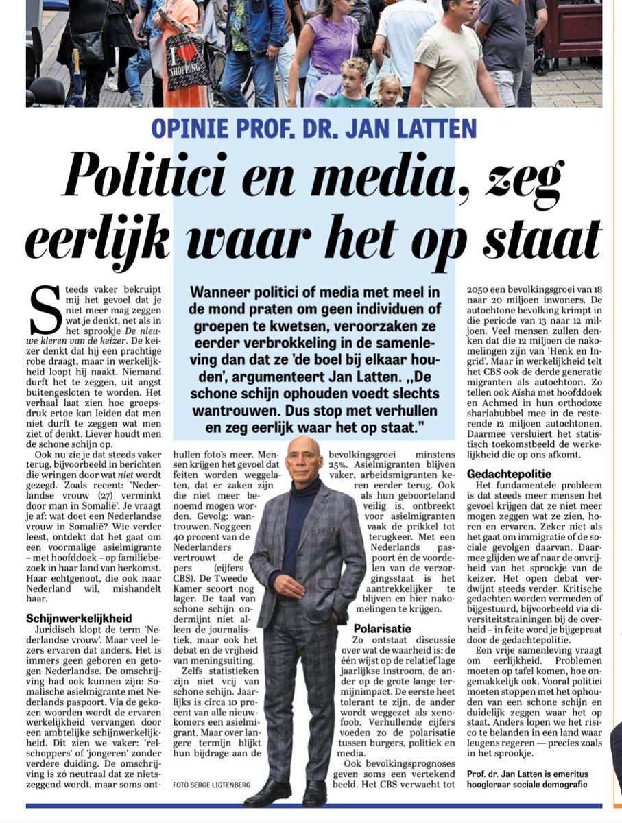 Zeer goed stuk van <a href="/JanLatten/">Jan Latten</a> in de T.

Het fundamentele probleem is dat steeds meer mensen het gevoel krijgen dat ze niet meer mogen zeggen wat ze zien, horen en ervaren. Zeker niet als het gaat om immigratie of de sociale gevolgen daarvan 🎯
