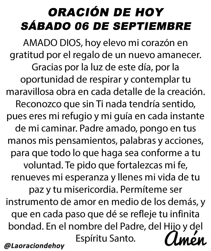 Oración diaria para hoy sábado 06 de septiembre de 2025.