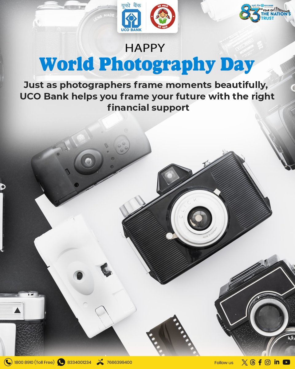 UCOBankOfficial's tweet photo. πΈβ¨ Celebrating the art of framing memories this World Photography Day!
Just like photographers capture timeless moments, UCO Bank helps you capture your dreams and frame a secure future with the right financial support. π
#WorldPhotographyDay #UCOTogether #FramingYourFuture #UCODreams