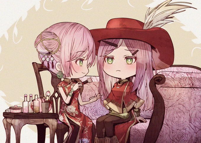 FF5でレナファリちゃん! お姉さんにお化粧を施す妹 私が描くFF5は絶対にレナがモンクでファリスが赤魔 かわいいし色味揃ってて姉妹感あって大好き 世間的にはレナは竜騎士のイメージかな? シナリオ的にもそうだし槍使いの姫騎士とかむっちゃ王道ヒロインやしな でも私はモンク