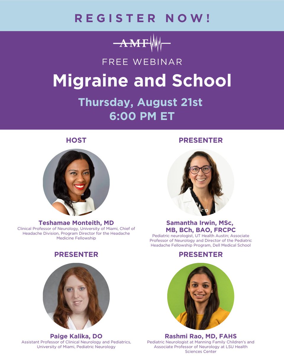 American Migraine Foundation (@amfmigraine) on Twitter photo From classroom stress to fluorescent lights, migraine can make school harder for kids & teens. 
Learn about managing triggers, accessing care & 504 Plans in our FREE Migraine and School webinar on Thursday, August 21st at 6 p.m. ET.
🔗Register now: us06web.zoom.us/webinar/regist… From classroom stress to fluorescent lights, migraine can make school harder for kids & teens. 
Learn about managing triggers, accessing care & 504 Plans in our FREE Migraine and School webinar on Thursday, August 21st at 6 p.m. ET.
🔗Register now: us06web.zoom.us/webinar/regist…
