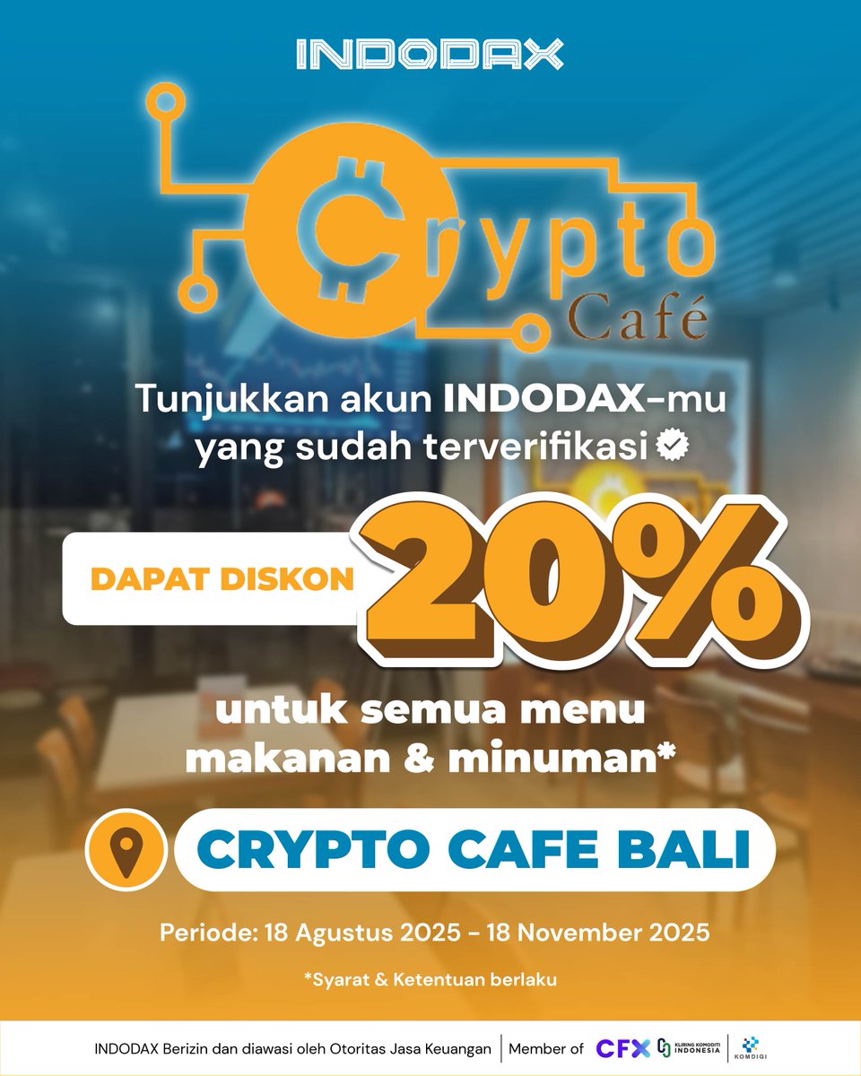 Tunjukkan akun INDODAX-mu yang sudah terverifikasi & dapatkan diskon  spesial 20% untuk semua menu makanan & minuman di Crypto Café Bali 📍 Crypto  Café Bali, Jl. Sunset Road No. 27x, Seminyak, Bali