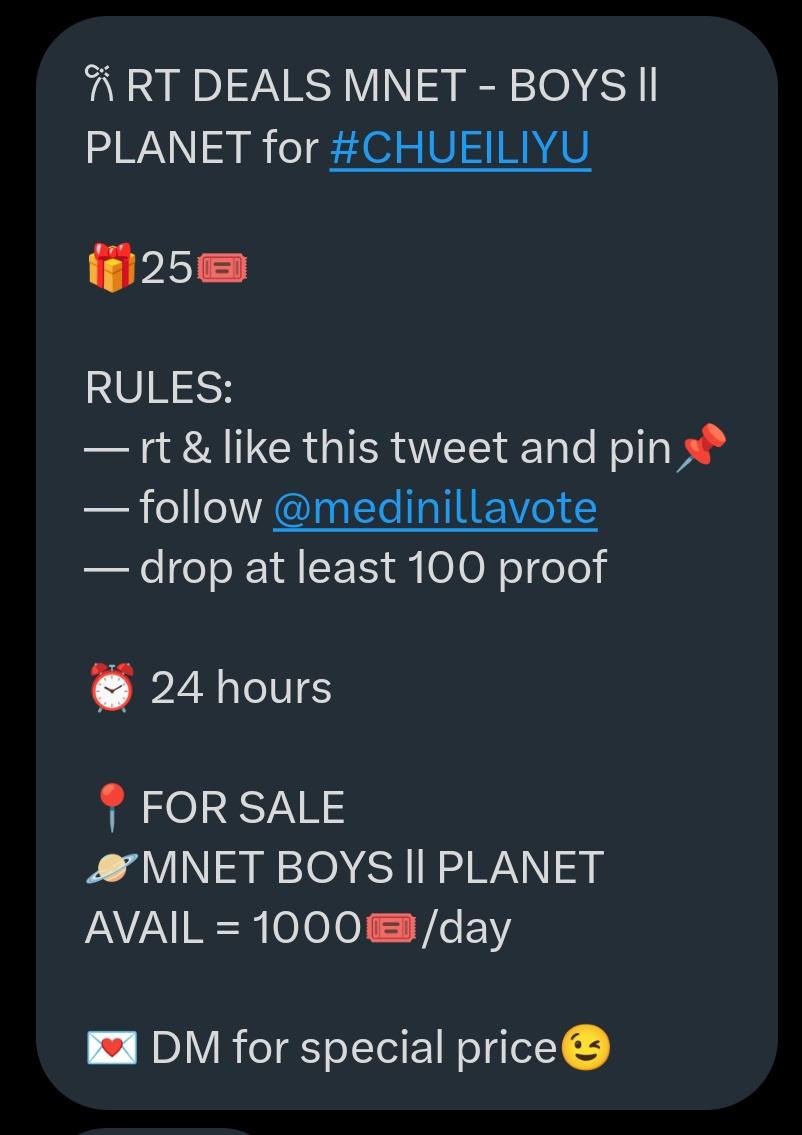 RT Deals for LIYUโจ (@liyustarrynight) on Twitter photo ๐ RT DEALS MNET - BOYS ll PLANET for #CHUEILIYU
๐25๐
RULES:
โ rt & like this tweet and pin๐
โ follow <a href="/medinillavote/">wts mnet boys planet 2 mcd mubeat</a>
โ drop at least 100 proof
โฐ 24 hours
๐FOR SALE
๐ชMNET BOYS ll PLANET
AVAIL = 1000๐/day
๐ DM for special price๐ ๐ RT DEALS MNET - BOYS ll PLANET for #CHUEILIYU
๐25๐
RULES:
โ rt & like this tweet and pin๐
โ follow <a href="/medinillavote/">wts mnet boys planet 2 mcd mubeat</a>
โ drop at least 100 proof
โฐ 24 hours
๐FOR SALE
๐ชMNET BOYS ll PLANET
AVAIL = 1000๐/day
๐ DM for special price๐