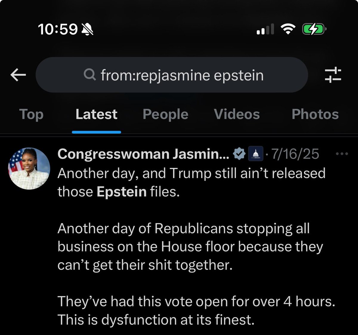 <a href="/RepJasmine/">Congresswoman Jasmine Crockett</a> Reminder that Jasmine Crockett didn’t care about the Epstein victims until about a month ago when she realized their suffering could be politically expedient to her failing career. Jasmine’s first ever post about these girls was July 16, 2025.