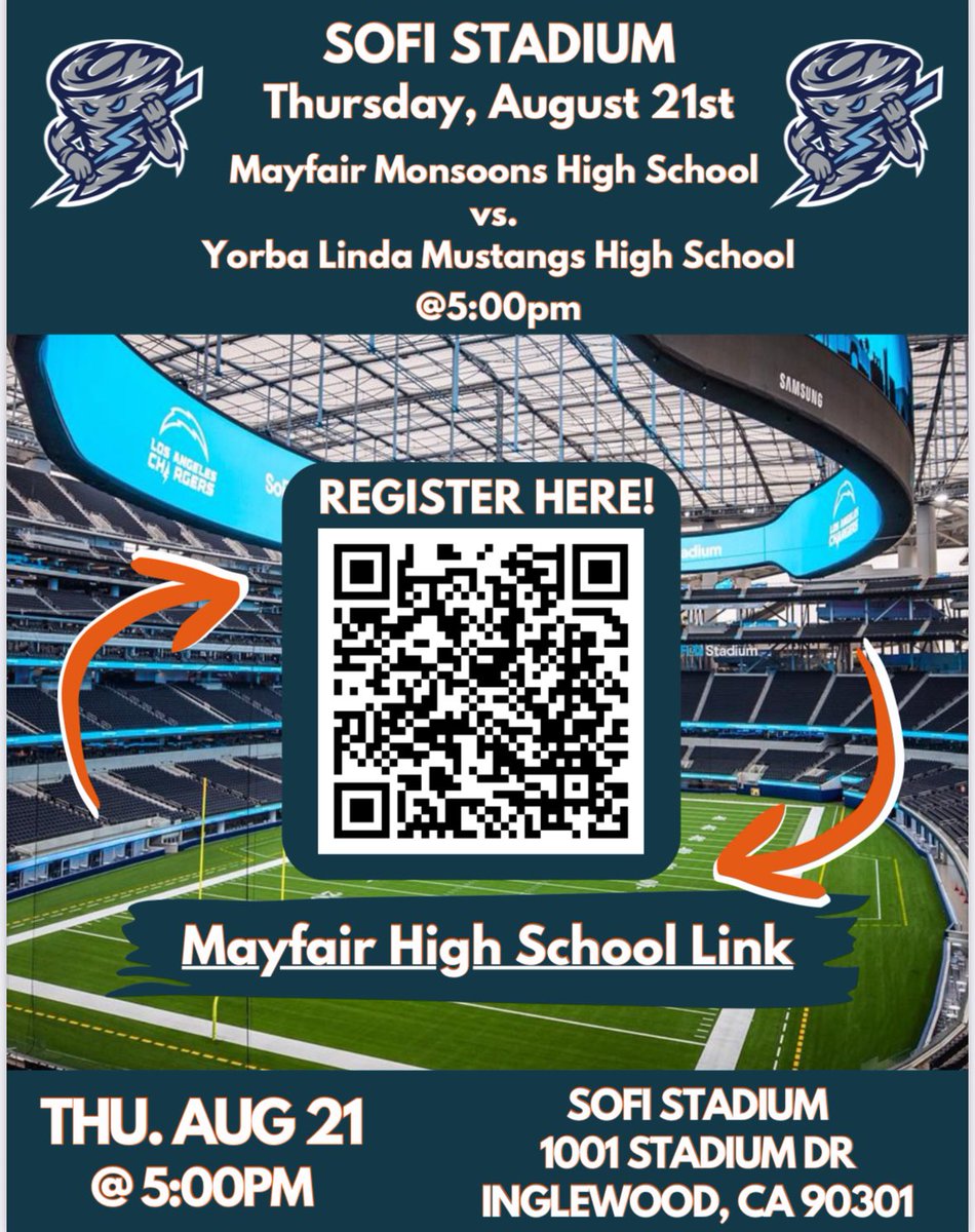 Mayfair Monsoons Football (@soonsfootball) on Twitter photo Countdown to game 1 at Sofi vs <a href="/YLHS_Football/">Yorba Linda Mustangs</a> is 3 days. Come support the monsoons, use the qr code or link below to get your tickets tonight. #UNCOMMON
universe.com/events/mayfair… Countdown to game 1 at Sofi vs <a href="/YLHS_Football/">Yorba Linda Mustangs</a> is 3 days. Come support the monsoons, use the qr code or link below to get your tickets tonight. #UNCOMMON
universe.com/events/mayfair…