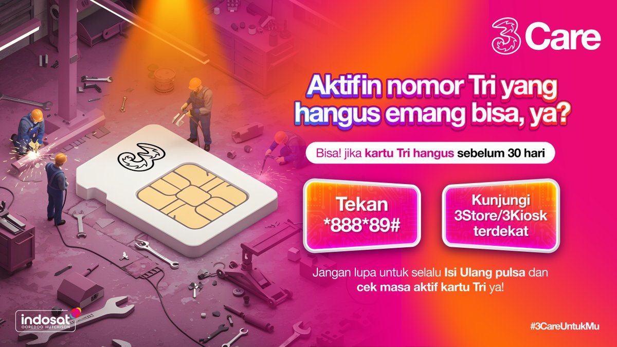 Aktifin nomor Tri  yang hangus punya #SobatTri sekarang gampang banget ​lho

Bisa aktifin sendiri, cukup tekan *888*89#, asalkan  belum lewat 30 hari dari nomor hangus ya😉​

#3CareUntukMu #3CareIndonesia