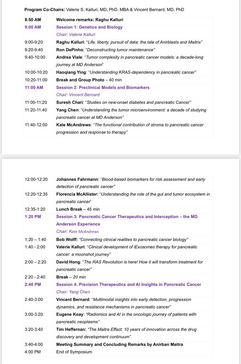 Anirban Maitra (@aiims1742) on Twitter photo The final schedule of the <a href="/MDAndersonNews/">MD Anderson Cancer Center</a> #PancreaticCancer research symposium on Aug 19th (Tuesday) is below. What an impressive line up of experts covering the entire gamut of expertise in pancreatic cancer from cancer biology to cancer biomarkers to cancer therapeutics!
🫡 The final schedule of the <a href="/MDAndersonNews/">MD Anderson Cancer Center</a> #PancreaticCancer research symposium on Aug 19th (Tuesday) is below. What an impressive line up of experts covering the entire gamut of expertise in pancreatic cancer from cancer biology to cancer biomarkers to cancer therapeutics!
🫡