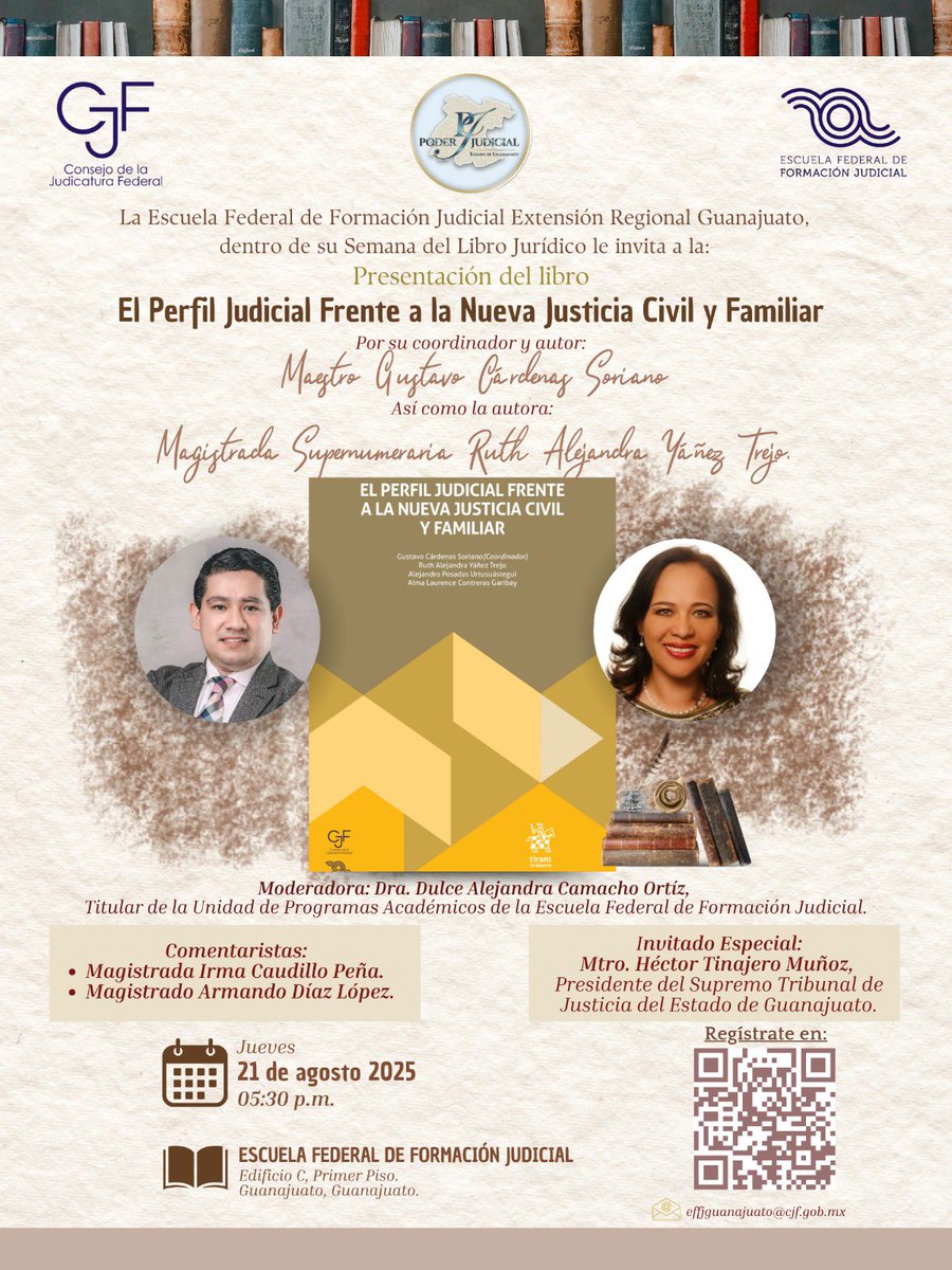 📚Presentación del libro “El perfil judicial frente a la nueva justicia civil y familiar”, publicado por <a href="/EFFJ_Mx/">Escuela Federal de Formación Judicial</a> y <a href="/Tirantmexico/">Tirant México</a> 

🗓️21 de agosto, 17:30 hrs.

📍EFFJ Ext. Guanajuato

✍️Participaremos dos personas autoras y comentarán dos personas magistradas federales 

⚖️Como