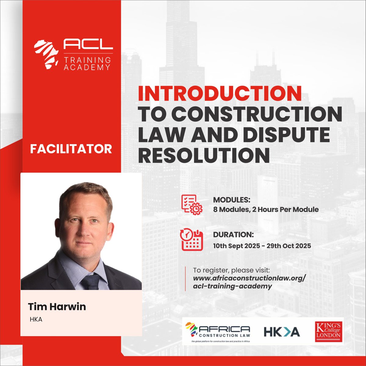 Meet Tim Harwin, Partner, and Delay Expert at <a href="/HKAGlobal/">HKA</a> and a key faculty member for the #ACLTrainingAcademy2025. Sept 10 - Oct 29, 2025
Fee: $350 Early Bird closes in 13 day
ACL Members: 10% discountn+ 2 CLE points per module for <a href="/NigBarAssoc/">Nigerian Bar Association</a> 
Register: africaconstructionlaw.org/acl-training-a…