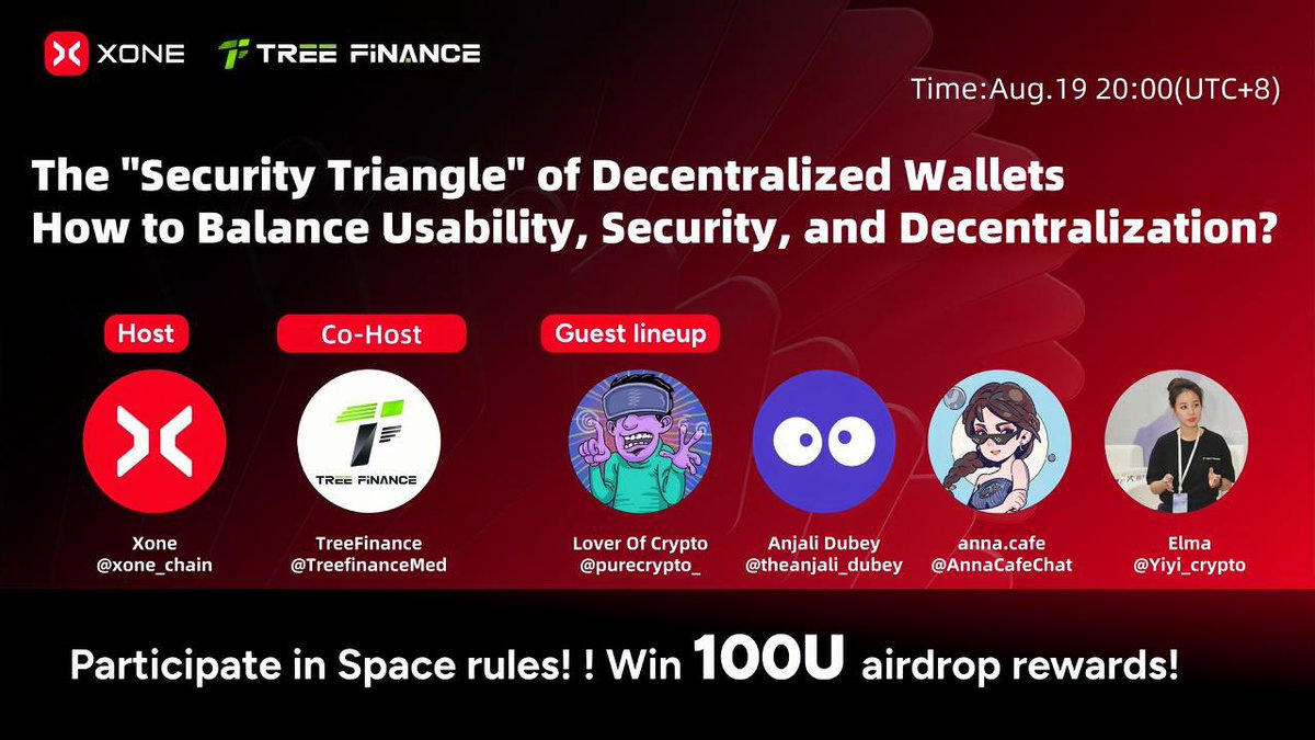 xone_chain's tweet image. 🚨 xone × TreeFinance AMA Preview
Centralized wallets offer convenience but carry custody risks. Decentralized wallets are more secure but harder to use. Users face challenges in managing private keys and seed phrases—one mistake can cost everything. 
How can we design wallets…