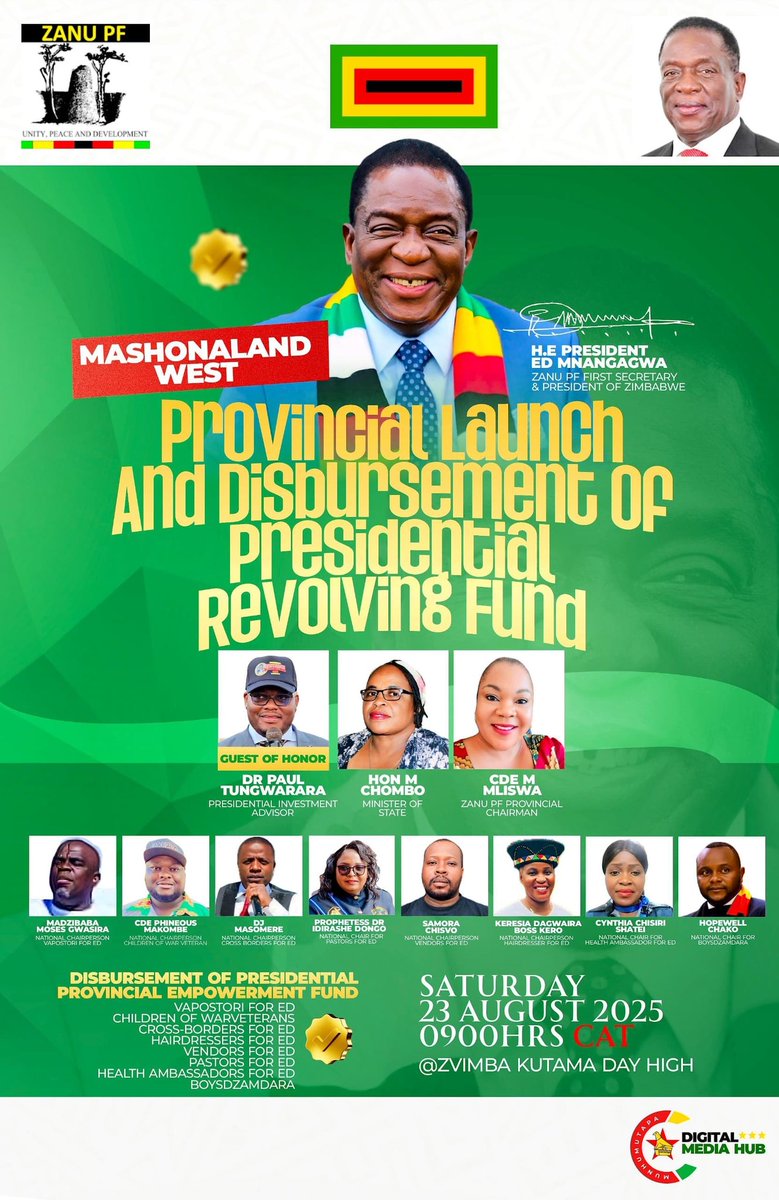 PresFunds's tweet image. Dr. Paul Tunguwara, Presidential Special Investment Advisor, will be in Mashonaland West this coming Saturday, 23 August 2025, for the Provincial Launch and Disbursement of the Presidential Revolving Fund.

#Empowerment