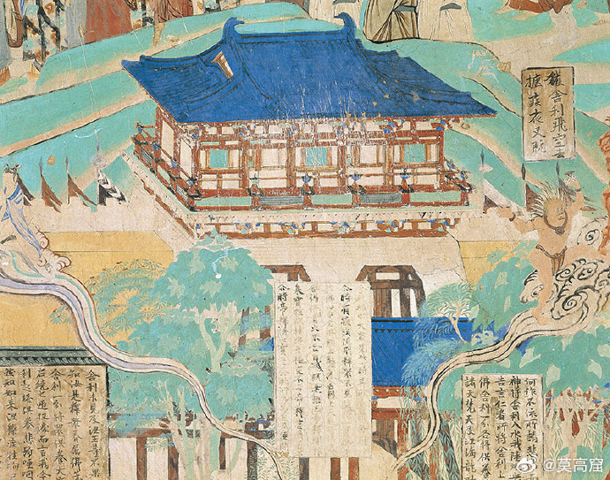 A stunning #Dunhuang mural from the dome of Cave 148 at the Mogao Caves depicts a five-bay traditional Chinese structure with exquisite architectural details.
The building features a classic xieshan roof (Chinese: 歇山式) and stands on a brick-faced platform. Every component —