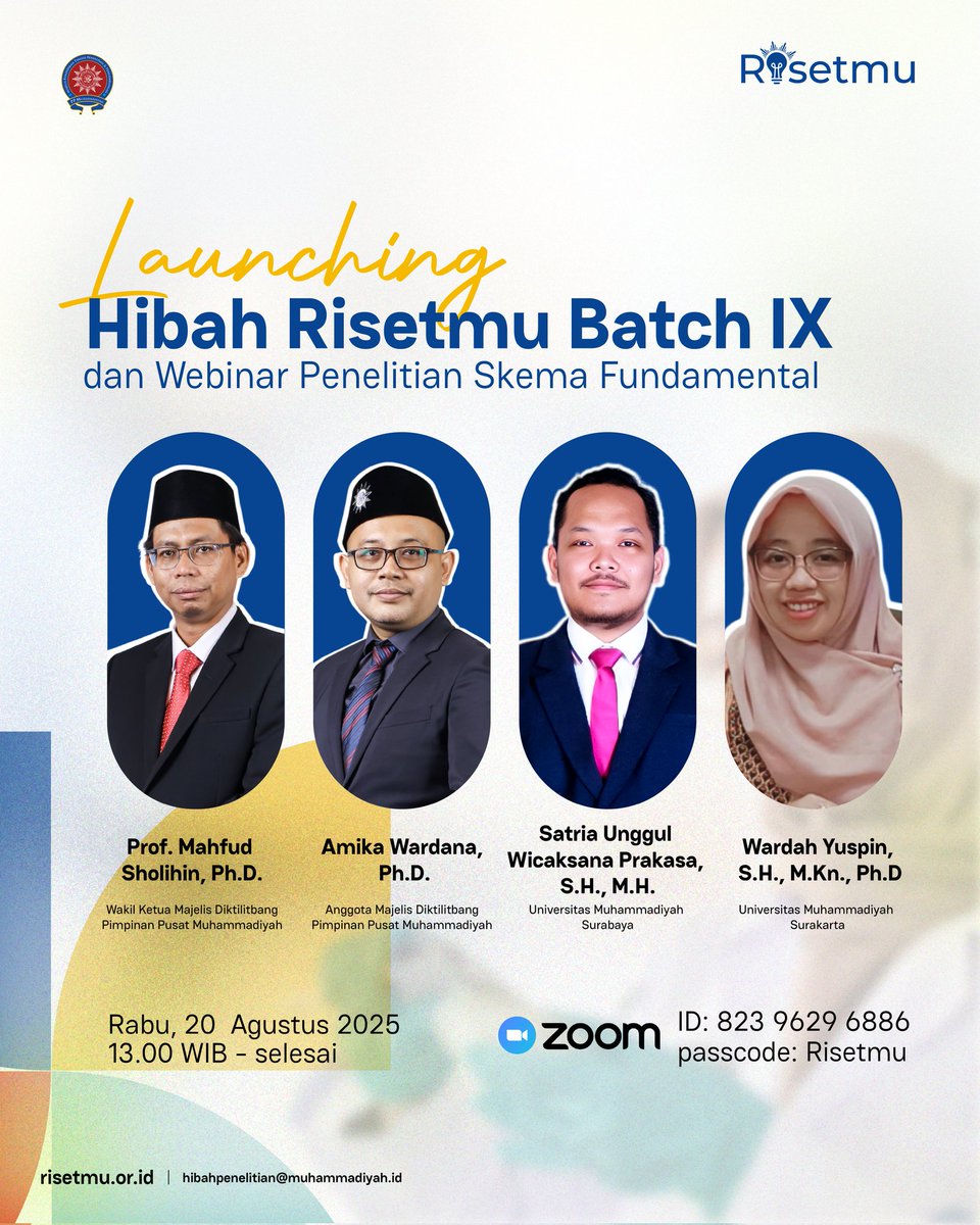 Launching Hibah Risetmu Batch IX dan Webinar Skema Fundamental segera digelar!

🗓 Rabu, 20 Agustus 2025
🕐 13.00 WIB – selesai
📍 Zoom Meeting
ID: 823 9629 6886 | Passcode: Risetmu

Jangan lewatkan kesempatan untuk mengenal lebih jauh skema riset yang  mendukung karya akademikmu