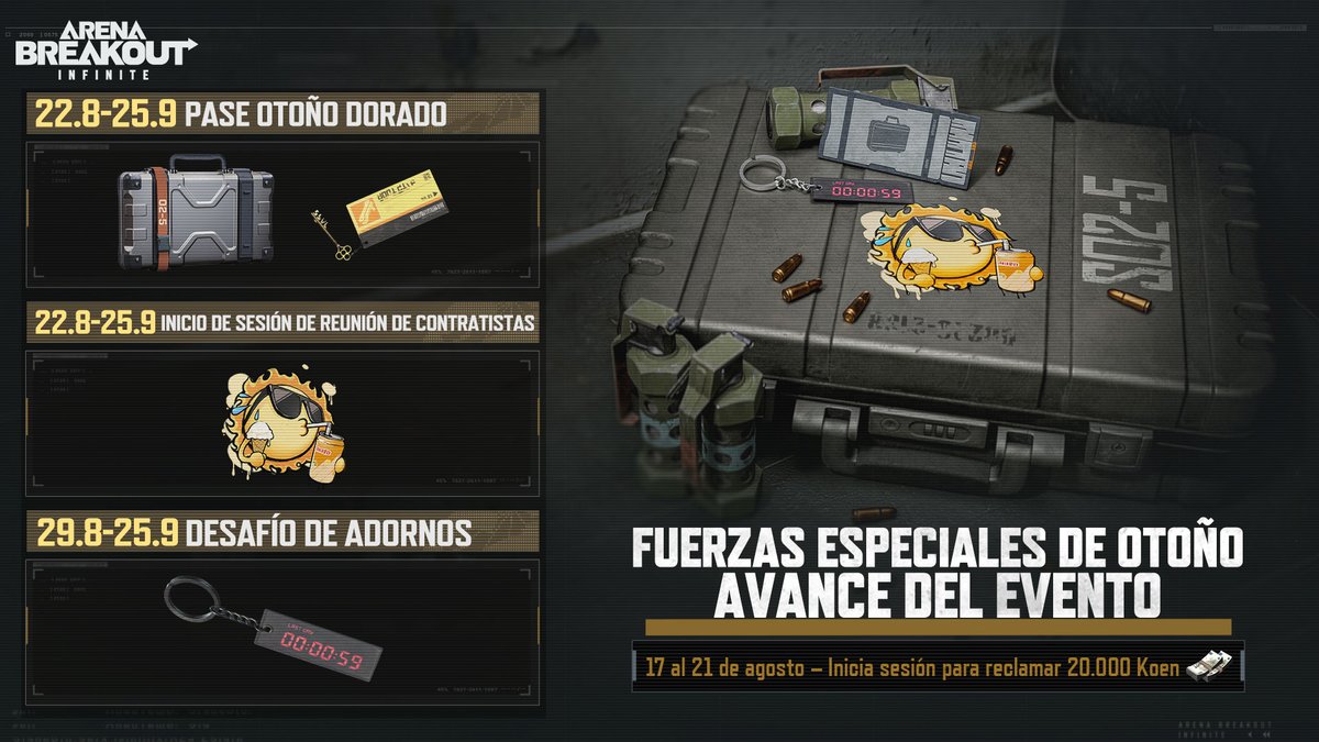 ¡El nuevo evento "Fuerzas Especiales de Otoño" estará disponible a partir del 22 de agosto!

Un nuevo spray y un amuleto se pueden reclamar gratis al iniciar sesión y completar desafíos.

#ArenaBreakoutInfinite #ArenaBreakoutPC #ABISeason2