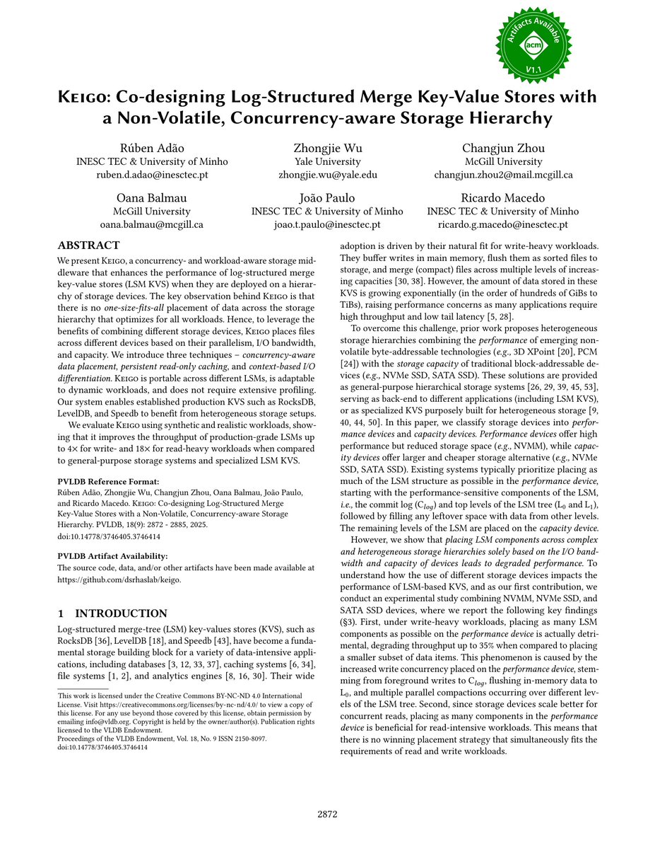 Vol:18 No:9 → Keigo: Co-designing Log-Structured Merge Key-Value Stores with a Non-Volatile, Concurrency-aware Storage Hierarchy vldb.org/pvldb/vol18/p2…