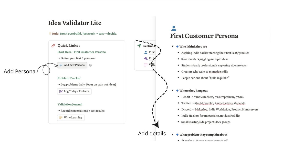 PrachiNotion's tweet image. Too many ideas, not enough clarity?
I felt the same so i build notion system.
it log:
Track first customer persona
Log customer problems
Record their reaction for validating
Decisions 10x faster. DM me for free template.
#NotionCreator #IndieHackers #BuildInPublic