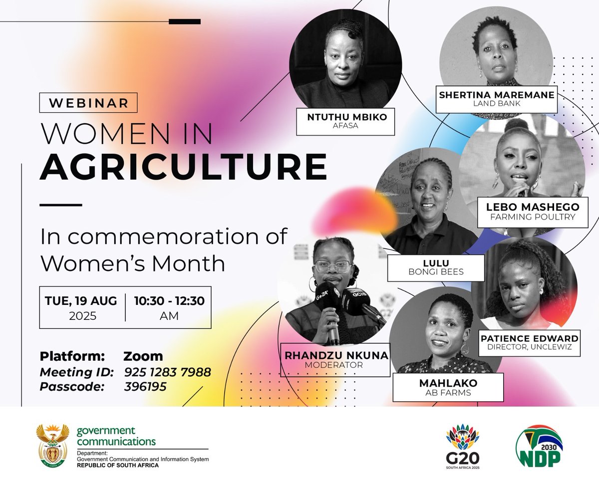 RandWestCity1's tweet image. 🌾 Join us for the GCIS Webinar: Women in Agriculture happening today, 19 Aug at 10:30 AM. Learn about key developments in agriculture &amp;amp; the vital role of women.

🔗 Zoom: gcis.zoom.us/j/92512837988?…
ID: 925 1283 7988 | Pass: 396195

#WomenInAgriculture #RandWestCity #GCIS