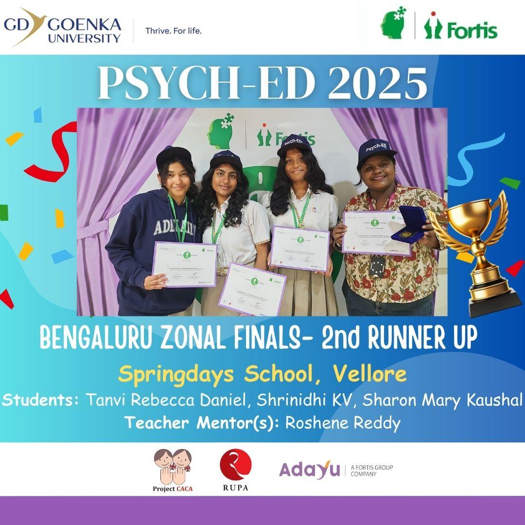 fortismentalhealth (@fortis_mhbs) on Twitter photo <a href="/goenka_univer/">GD Goenka University</a> <a href="/projectcaca/">Children Against Child Abuse</a> <a href="/Rupa_Books/">Rupa Publications</a> <a href="/fortis_hospital/">Fortis Healthcare</a> <a href="/dr_samirparikh/">Dr. Samir Parikh 🇮🇳</a> <a href="/mimansasingh/">Mimansa Singh Tanwar 🇮🇳</a> #PsychED2025
The 2nd Runner Up for the Bengaluru Zonal Finals is -
Springdays School, Vellore
Congratulations to the winners!
<a href="/goenka_univer/">GD Goenka University</a>
<a href="/projectcaca/">Children Against Child Abuse</a>
<a href="/Rupa_Books/">Rupa Publications</a>
#Adayu A Fortis Group Company
<a href="/fortis_hospital/">Fortis Healthcare</a> <a href="/goenka_univer/">GD Goenka University</a> <a href="/projectcaca/">Children Against Child Abuse</a> <a href="/Rupa_Books/">Rupa Publications</a> <a href="/fortis_hospital/">Fortis Healthcare</a> <a href="/dr_samirparikh/">Dr. Samir Parikh 🇮🇳</a> <a href="/mimansasingh/">Mimansa Singh Tanwar 🇮🇳</a> #PsychED2025
The 2nd Runner Up for the Bengaluru Zonal Finals is -
Springdays School, Vellore
Congratulations to the winners!
<a href="/goenka_univer/">GD Goenka University</a>
<a href="/projectcaca/">Children Against Child Abuse</a>
<a href="/Rupa_Books/">Rupa Publications</a>
#Adayu A Fortis Group Company
<a href="/fortis_hospital/">Fortis Healthcare</a>