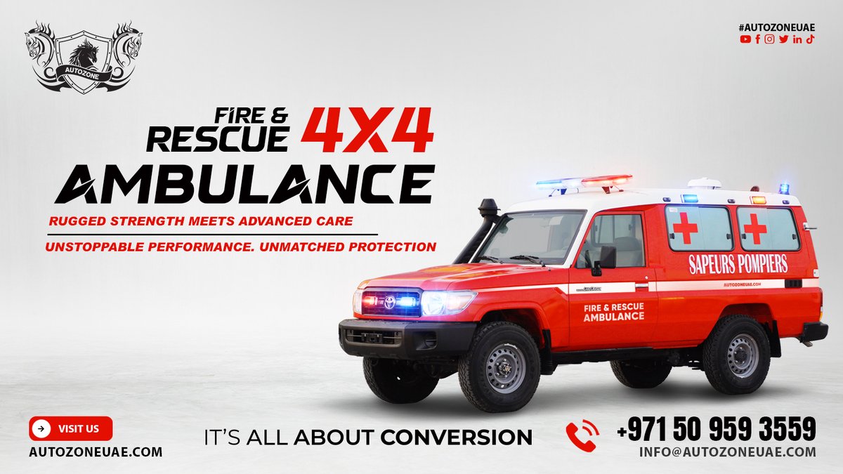 autozoneuae's tweet photo. 🚑🔥Built for rescue, engineered for care! Presenting the Fire &amp; Rescue 4x4 Ambulance by Autozone UAE – a trusted Ambulance manufacturer delivering safety, strength &amp; innovation.💪
#Ambulance #RescueVehicle #EmergencyResponse #AmbulanceManufacturer #FireAndRescue #SafetyFirst https://t.co/kpsntFTw05
