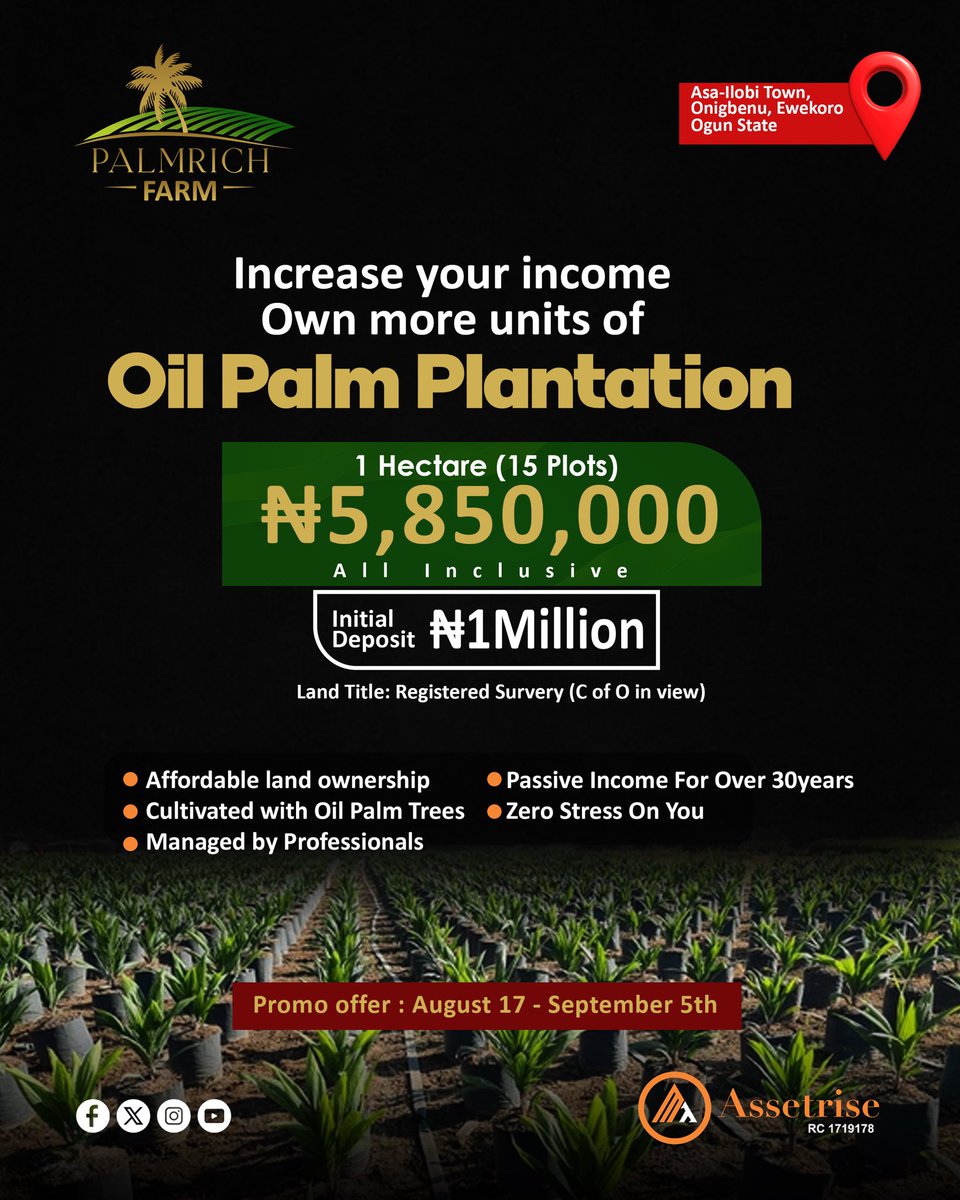 KingGraphix00's tweet photo. @BusinessInsider Invest in sustainable palm oil farming with Palmrich Farm—where agriculture meets environmental care and profitability. Support eco-friendly practices, empower local communities, and enjoy steady returns. Join us in building a greener future.
📞 Call 08101780077
Invest Smartly https://t.co/a8W9eIzglg