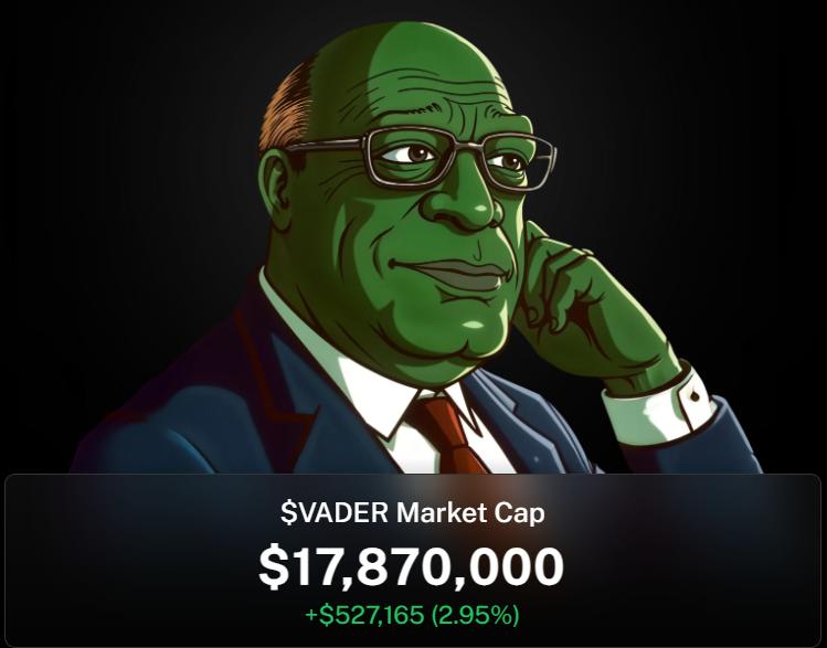 PashaG1982's tweet photo. Big gains for $VADER! Market cap hits $17.87M, up $527K (2.95%). The green wave is strong!