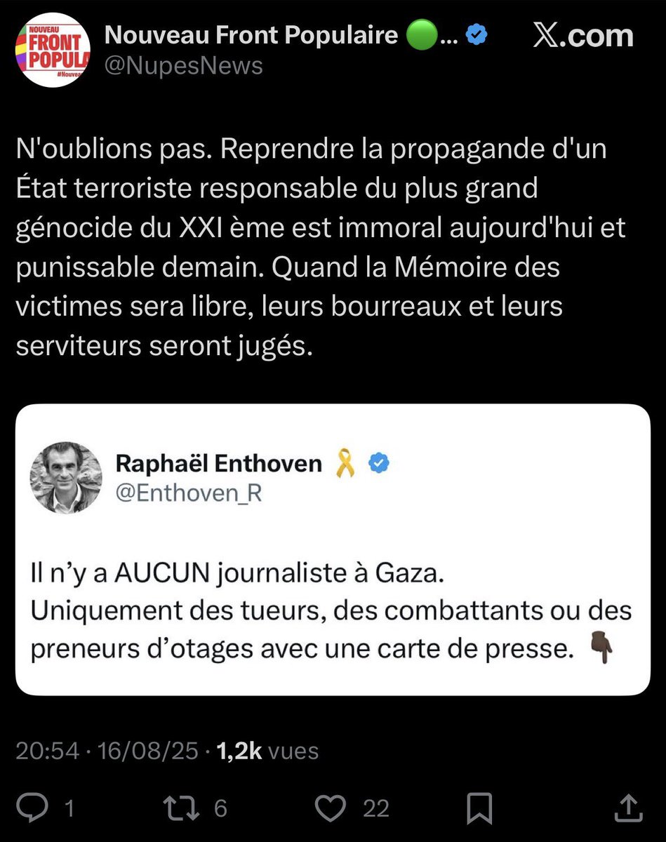 Ce n’est pas le NFP qui harcèlerait et mettrait des cibles dans le dos de juifs. On ne ferait jamais ça à gauche. Sauf s’ils manifestaient une solidarité avec les leurs.