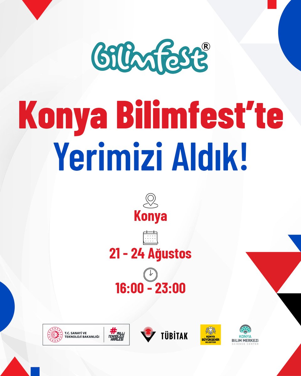 ✨TÜBİTAK, Konya Bilimfest'te Bilim ve Teknoloji Meraklıları ile Buluşuyor!

21-24 Ağustos 2025 tarihlerinde gerçekleşecek 10. Konya Bilim Festivali'nde TÜBİTAK olarak biz de yerimizi aldık.

Eğlenceli ve öğretici atölyeler, deneyler ve etkinlikler ile dolu standımızda sizleri de