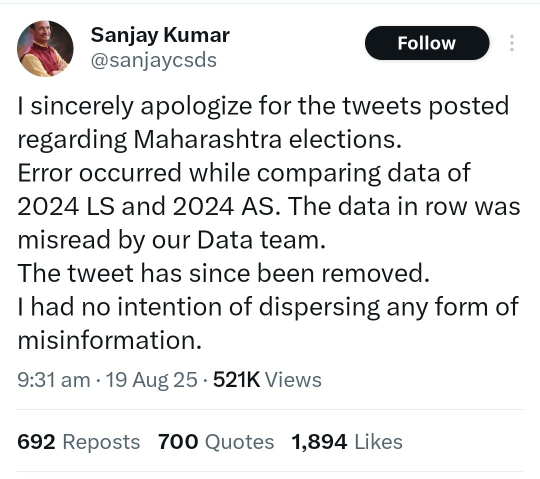 #VoteChori was a fake narrative of the Break India brigade led by #Pappu using manipulated data.
The initiator apologises after the damage is already done.

The same people spread lies about CAA and those lies were used to create fear and violence in the Nation. 

#voterslist