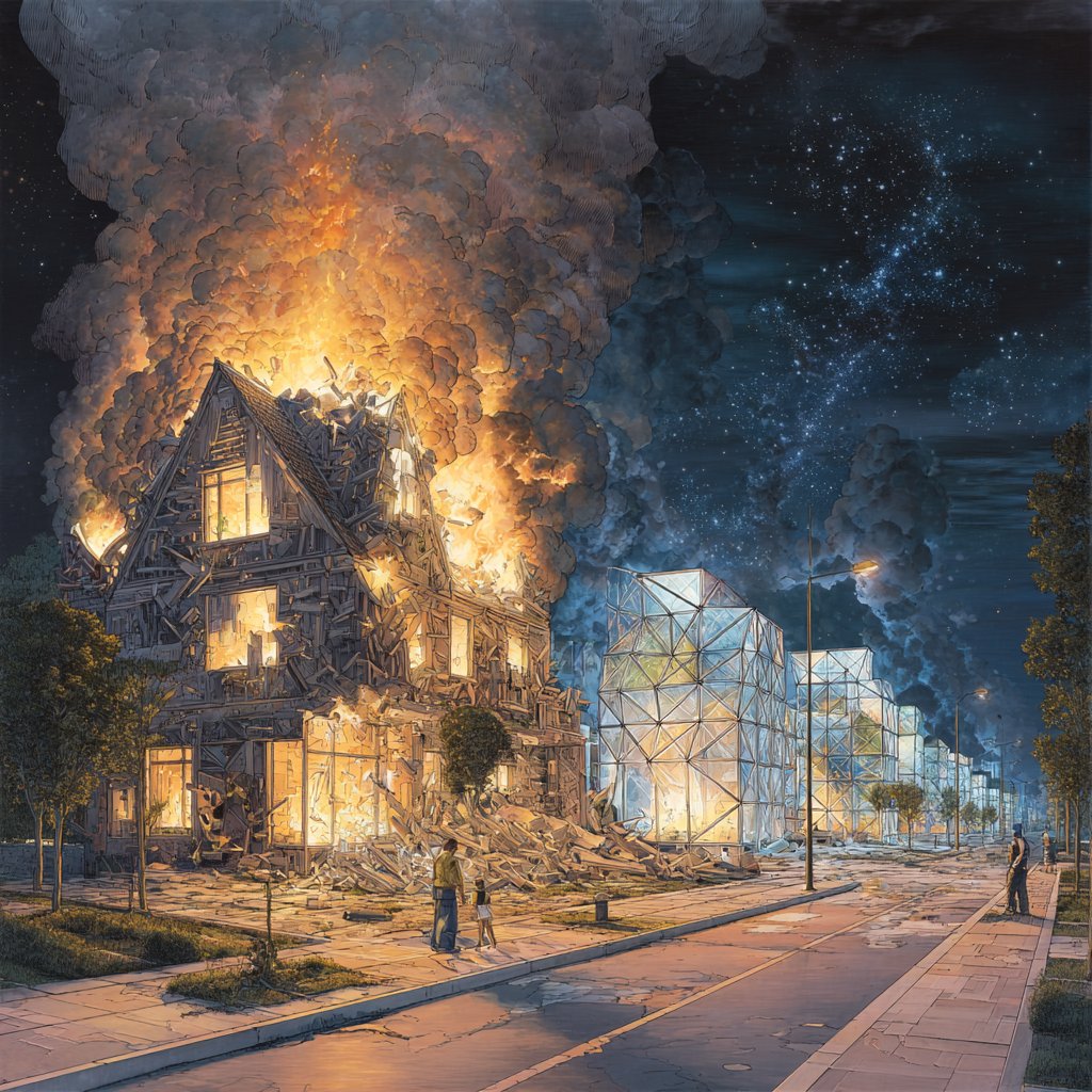 Illustration of a traditional house engulfed in flames next to futuristic glass buildings under a starry night sky, representing the shift from old to new in cryptocurrency markets