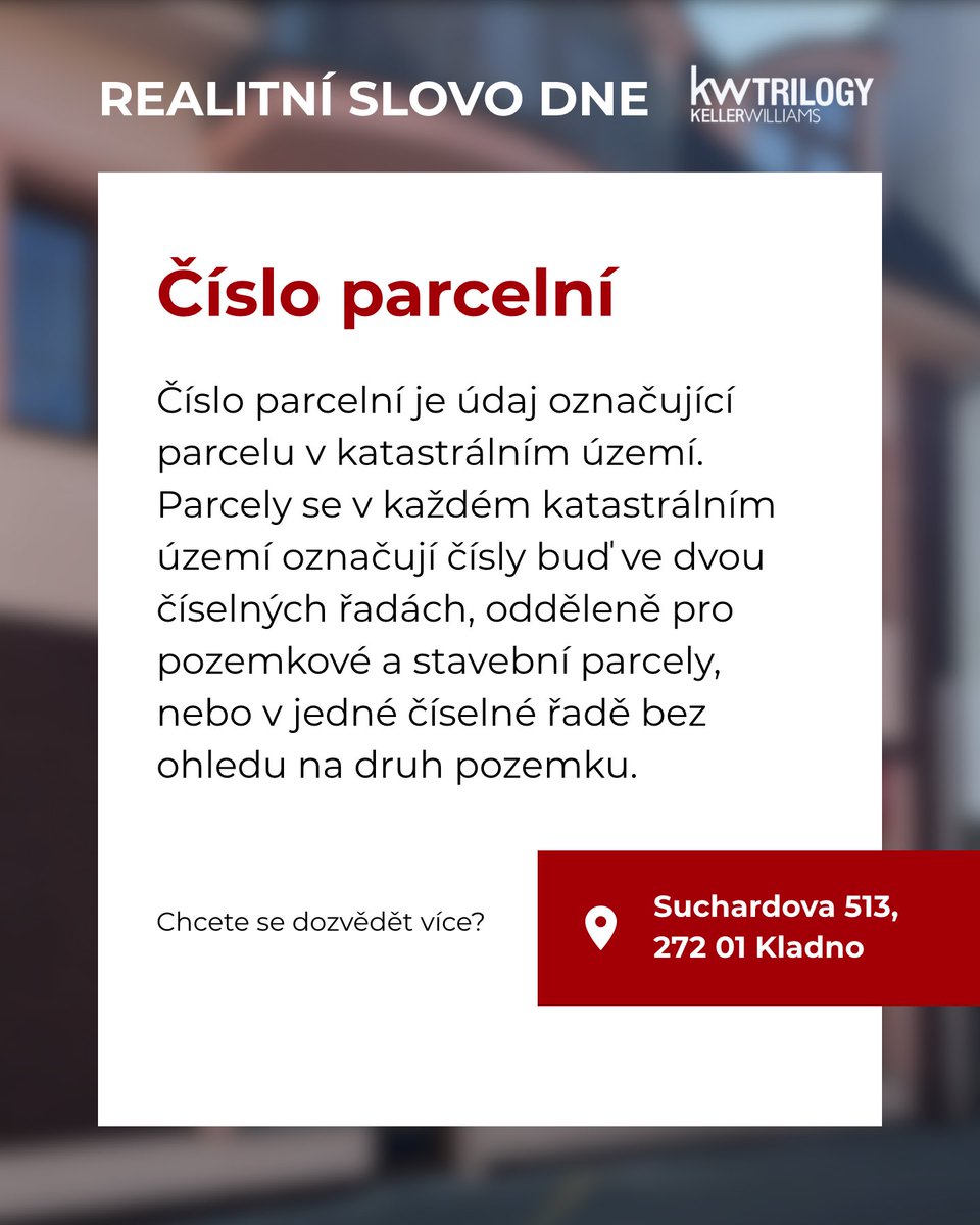 KW_Trilogy's tweet photo. 📘 REALITNÍ SLOVO DNE: ČÍSLO PARCELNÍ

👉 Už jste se setkali s tímto pojmem v katastru?

📩 Máte otázky? Ozvěte se nám, rádi poradíme.
📍 KW Trilogy | Suchardova 513, Kladno

#realitnislovodne #kwtrilogy #nemovitosti #kladno #kwcz https://t.co/pw7a1CwtOm