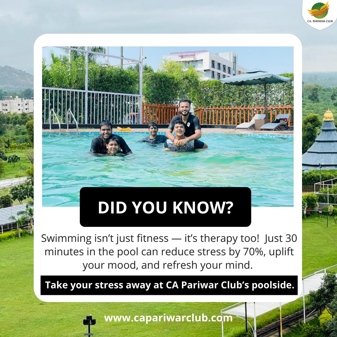 CAPrakashUttam's tweet image. A dip in the pool isn’t just fitness — it’s therapy! 
30 mins of swimming = 70% less stress, better mood &amp;amp; fresh vibes. 
Splash, smile &amp;amp; repeat at CA Pariwar Club’s poolside 
#CAPariwarClub #PoolsideVibes #StressFree #WaterTherapy