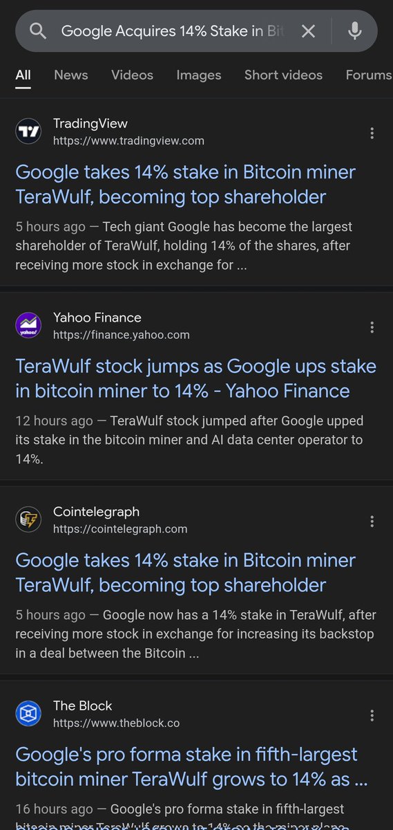 _TrendingCrypto's tweet photo. Terawulf and Google is trending on CT now!

🚨 Google just took a 14% stake in Bitcoin miner @TeraWulfInc — and CT is buzzing.

Why it matters:

WULF isn’t just mining BTC anymore. They’ve secured a $3.7B, 10-year deal with Fluidstack to host AI + high-performance computing.

Google’s backing signals confidence in WULF’s pivot → combining Bitcoin’s cheap, renewable energy infrastructure with the exploding demand for AI compute.

Stock pumped +60% on the news, with analysts calling it “transformational”.

This is bullish because it shows Big Tech is converging with Bitcoin mining — miners can double as AI data centers, monetizing both block rewards + compute demand. If successful, it could set the template for other miners, making Bitcoin’s energy footprint even more valuable.

AI x Crypto infra = one of the strongest narratives brewing right now.

Follow @_TrendingCrypto and turn on notifications 🔔 for explanations of trends on CT as they unfold!

#mining #asic #btc #alphabet #google #terawulf