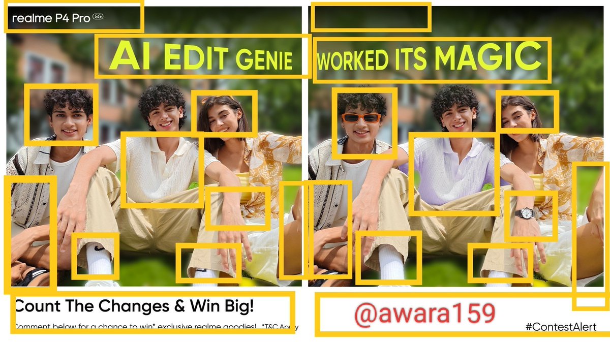 आवारा (@awara159) on Twitter photo <a href="/FrancisRealme/">Francis Wong (王硕)</a> 1. Watermark missing.
2. Girl's sunglasses removed.
3. Boy's sunglasses added.
4. Background blur enhanced.
5. No logo on shocks.
6. Yellow text changed.
7. Tshirt color change.
8. Watch on hand.
9. Girl's left hand more in frame.
10. Boy's right hand less in frame. <a href="/FrancisRealme/">Francis Wong (王硕)</a> 1. Watermark missing.
2. Girl's sunglasses removed.
3. Boy's sunglasses added.
4. Background blur enhanced.
5. No logo on shocks.
6. Yellow text changed.
7. Tshirt color change.
8. Watch on hand.
9. Girl's left hand more in frame.
10. Boy's right hand less in frame.