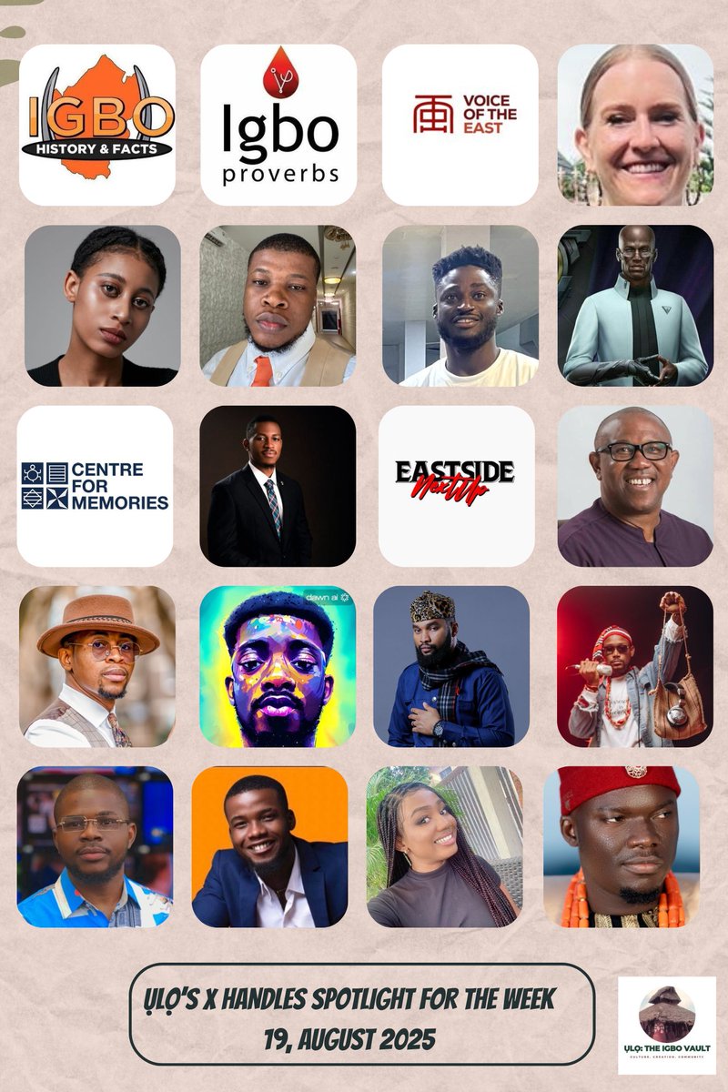 ỀLα»: The Igbo Vault (@uloigbovault) on Twitter photo ỀLα»βS SPOTLIGHT FOR THE WEEK
1. <a href="/IgboHistoFacts/">IGBO History & Facts</a> - History, Facts, Igbo Class and more.
2. <a href="/IgboProverbs_/">IGBO PROVERBS</a> - Igbo Proverbs.
3. <a href="/VoiceOfTheEast/">ΓlΓΊ ndα» Igbo</a> - Igbo Activist Media.
4. <a href="/nwanyi_ocha/">Nwanyi Ocha</a> - Culture, Family and Tourism.
5. <a href="/sweety_vieve/">Adugo_Chioma</a> - Content Creator. ỀLα»βS SPOTLIGHT FOR THE WEEK
1. <a href="/IgboHistoFacts/">IGBO History & Facts</a> - History, Facts, Igbo Class and more.
2. <a href="/IgboProverbs_/">IGBO PROVERBS</a> - Igbo Proverbs.
3. <a href="/VoiceOfTheEast/">ΓlΓΊ ndα» Igbo</a> - Igbo Activist Media.
4. <a href="/nwanyi_ocha/">Nwanyi Ocha</a> - Culture, Family and Tourism.
5. <a href="/sweety_vieve/">Adugo_Chioma</a> - Content Creator.