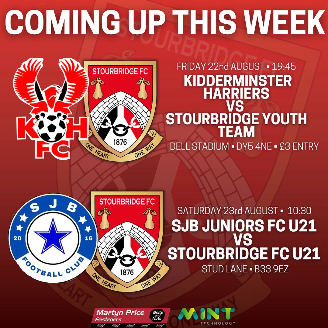 Stourbridge FC Pathway (@stourpathway) on Twitter photo Our Youth Team and Under-21 side continue their campaigns this week! 📅
Our Youth side don’t have to travel far to face <a href="/harriersacademy/">Harriers Academy</a> under the lights & our U21’s are set to head to <a href="/SJBFC2016/">SJB Juniors</a> 🤩
There will be no Standard Team fixture this week.
#StourbridgeFC | #Glassboys Our Youth Team and Under-21 side continue their campaigns this week! 📅
Our Youth side don’t have to travel far to face <a href="/harriersacademy/">Harriers Academy</a> under the lights & our U21’s are set to head to <a href="/SJBFC2016/">SJB Juniors</a> 🤩
There will be no Standard Team fixture this week.
#StourbridgeFC | #Glassboys