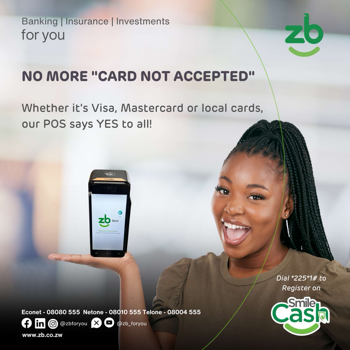 zb_foryou's tweet image. More cards = More customers! 

💳 Get a POS that accepts Visa, Mastercard &amp;amp; Local Cards. 

Visit any of our Service Centers to apply today!

#zbforyou #PaymentSolutions  #Mastercardaccepted