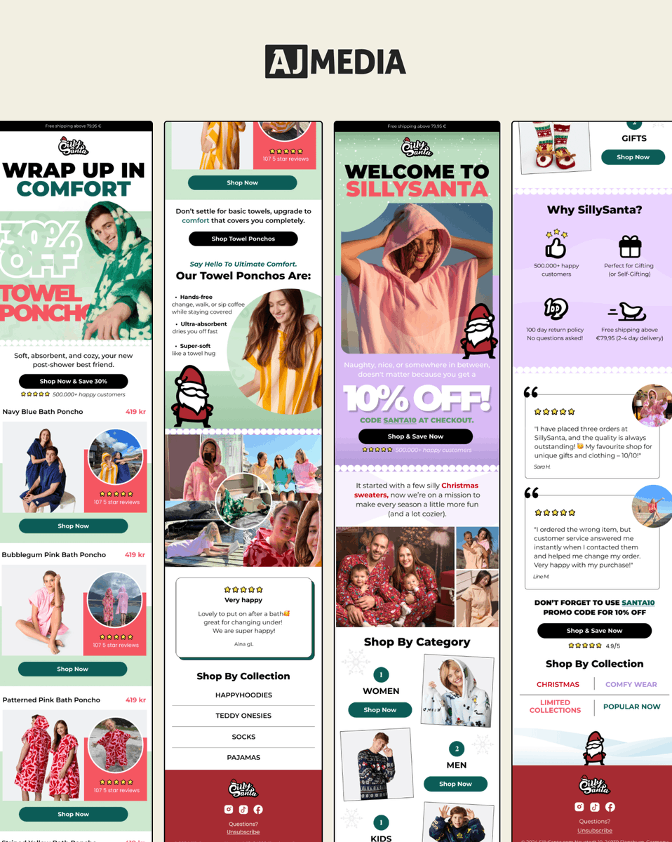 Some of the recent test emails we built at AJ Media

How would you rate these?