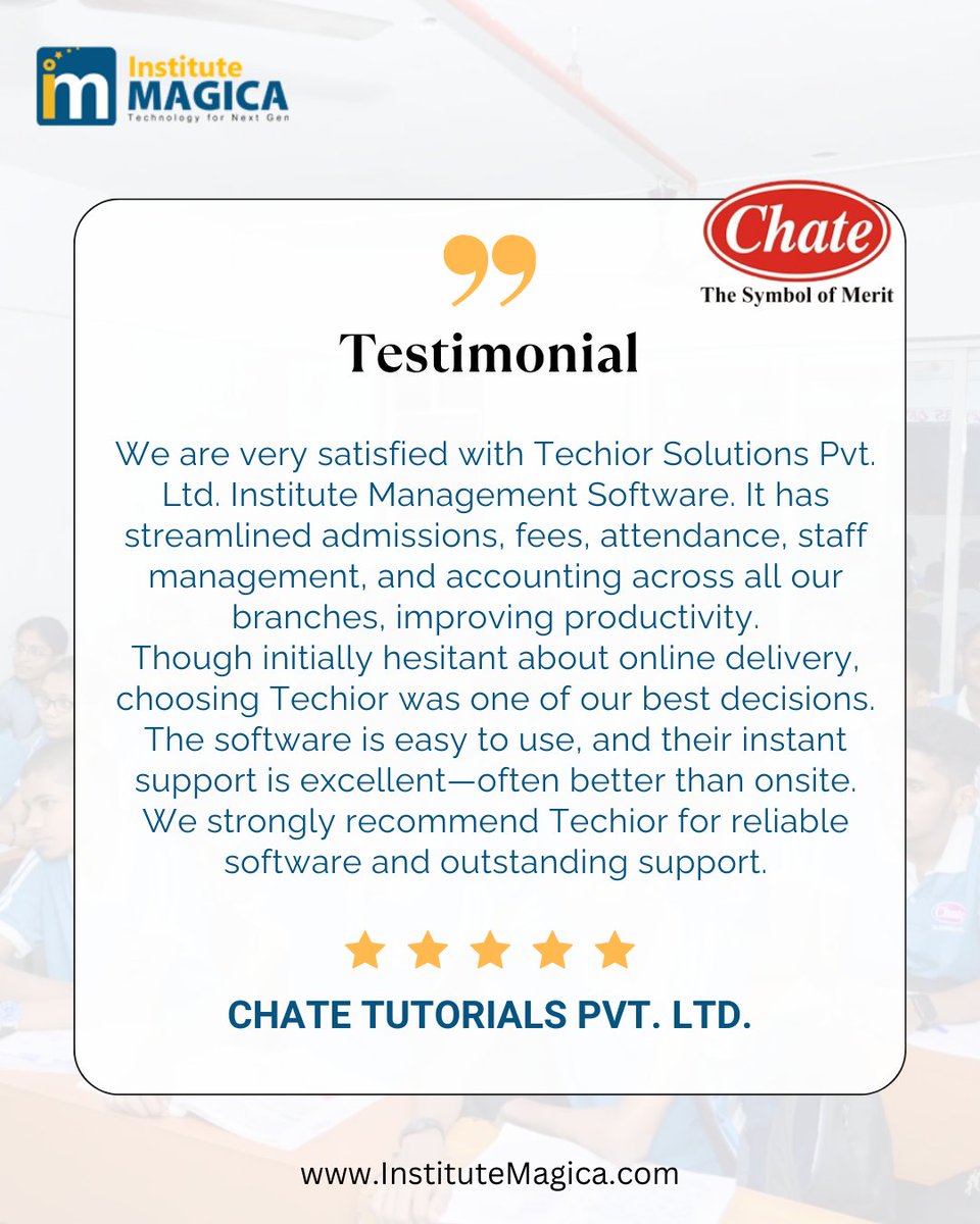 TechiorSolution's tweet image. #happyclients
Easy-to-use software + excellent support = satisfied clients!
#ClientTestimonial #InstituteManagement #EdTechSolutions #Techior #SchoolERP #CoachingInstitute #EducationTechnology #InstituteMagica