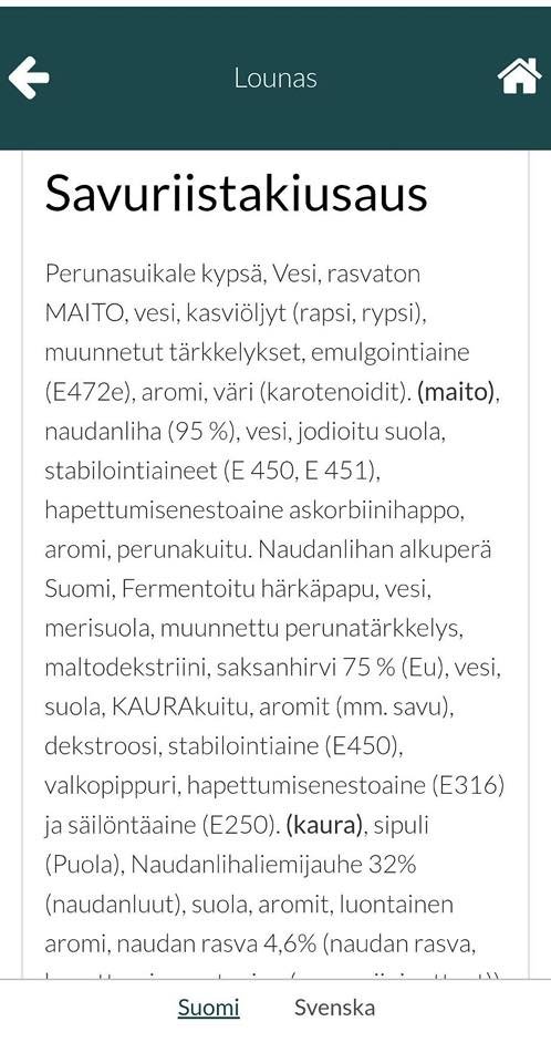 Jakestation's tweet photo. @SebastianTyne Tosta voit kattoo Savuriistakiusauksen ainesosat :D Meillä tyttö söi kaikki ruuat päiväkoti/eskari ja 1-2 luokka. Nyt 3 luokasta alkaen ei oo syöny viikkoon mitään kouluruokaa kun niin pahaa. Viimeinen kuva on kebablihakastike ohralla. Kebua ei juuri näy. Opettajatkaan eivät syö. https://t.co/mav7sSPcXb