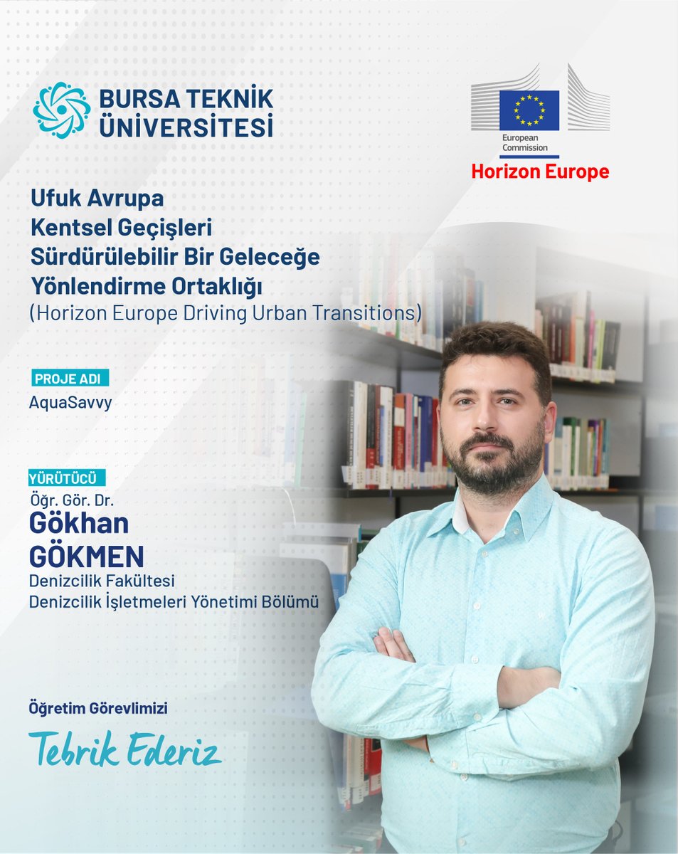 BursaTeknikUni's tweet photo. Horizon Europe kapsamında desteklenen AquaSavvy projesi, üniversitemizden Öğr. Gör. Dr. Gökhan Gökmen yürütücülüğünde hayata geçirilecektir.
Akademisyenimizi tebrik ediyor, çalışmalarında başarılar diliyoruz.💐 https://t.co/v82csGNIin