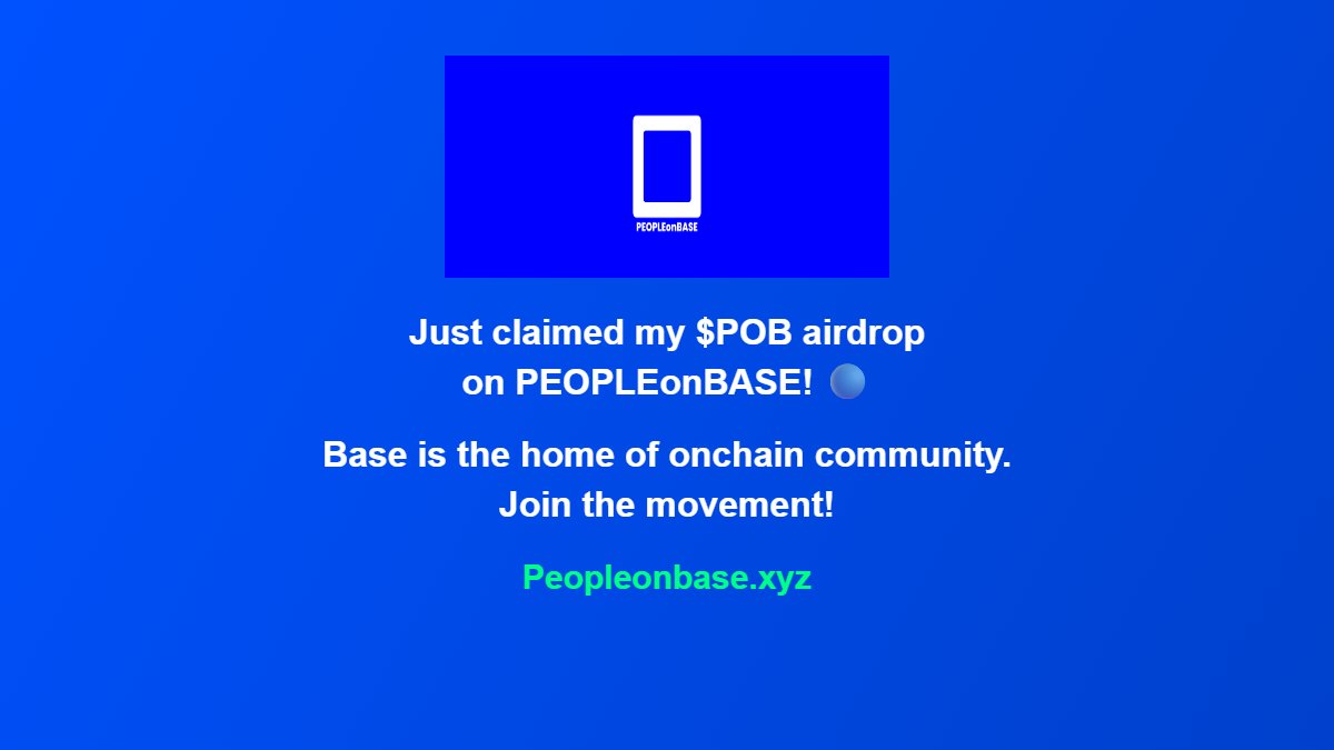 Just claimed my $POB airdrop on PEOPLEonBASE! 🔵

Base is the home of onchain community. Join the movement!

Peopleonbase.xyz