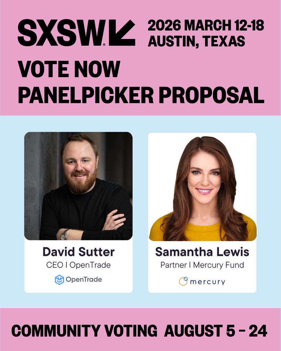 1/ Community voting for <a href="/sxsw/">SXSW</a> 2026 PanelPicker is still open! Support and vote for <a href="/David/">David Noël 🇪🇺</a> Sutter, CEO at OpenTrade and <a href="/sjolewis/">Samantha Lewis 🇺🇦</a>, Partner at <a href="/mercuryfund/">Mercury</a> Fund and their deep dive into how stablecoins are helping rebuild the global financial system.  

Community voting is open
