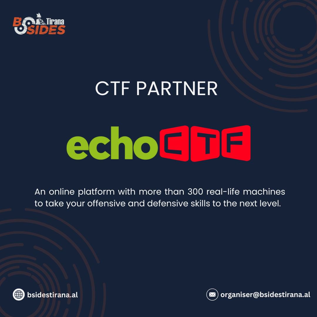 BSidesTirana's tweet image. We are thrilled to announce that @echoCTF will be a CTF PARTNER for #BSidesTirana2025.
echoCTF.RED is an online platform built on the echoCTF framework, offering access to over 300 real vulnerable targets and a wide range of dynamic challenges.
#BSidesTirana #bsides